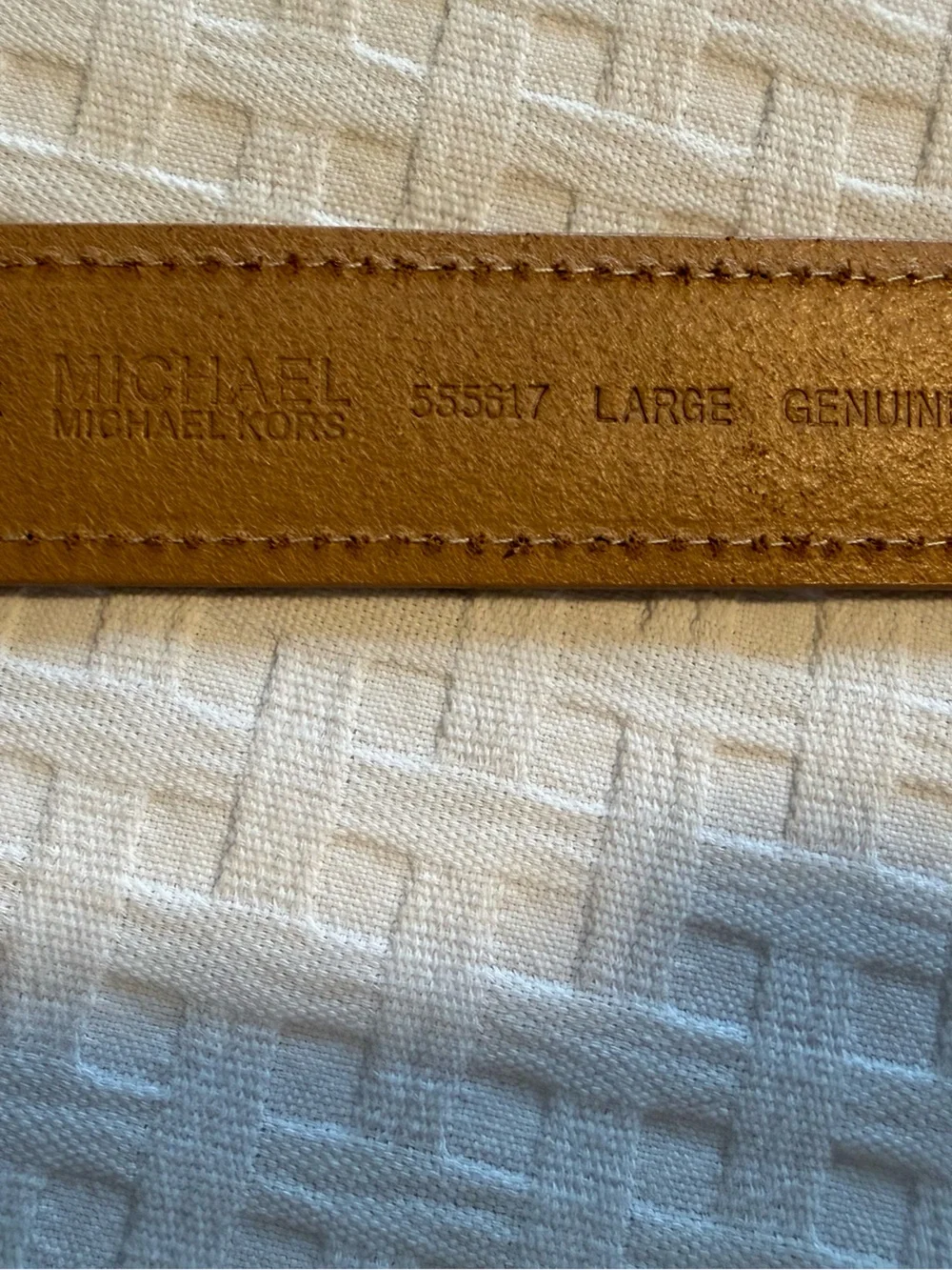 Michael Kors Gold Tone Buckle with Tan Leather blue and red stripe Accents